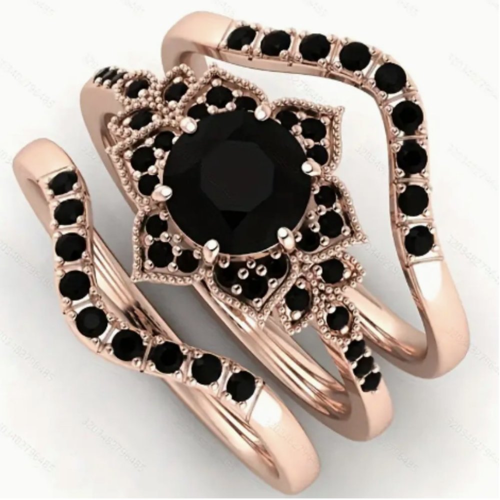 14k Rose Gold Plated Stacked Black Diamond Flower Rings Set
